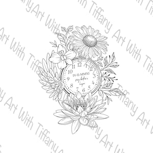 May include: Black and white floral design featuring a clock face surrounded by flowers and leaves. The clock displays the Roman numerals IV-II-MMXI and the text "my brother's keeper". The design is a detailed line drawing.