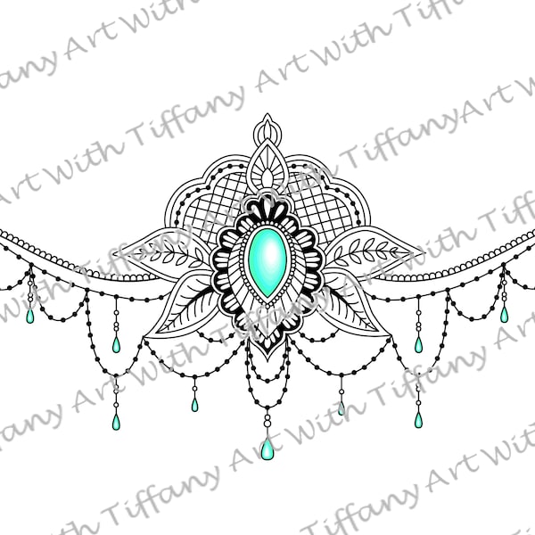 DIGITAL FILE: Lotus Flower Mandala Gemstone Underboob Tattoo; Ornament Jewel Gem Design with Beaded Chains