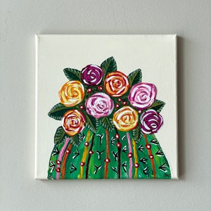Original 10x10 Canvas Painting - Cactus and Flowers Acrylic Painting