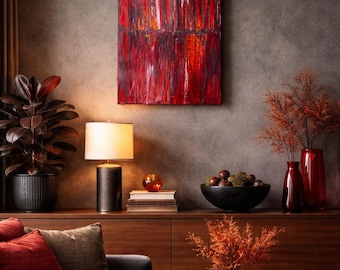 Original 18x24 Abstrakte Leinwand Gemälde - Rot Acryl und Öl