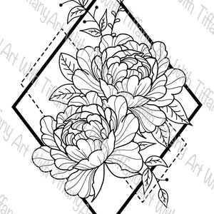 DIGITAL FILE: Geometric Diamond Peony Tattoo Design; Peony Drawing