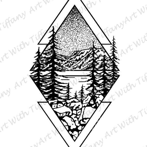 DIGITAL FILE: Geometric Mountain Tattoo Design with Lake and Pine Trees; Black and White