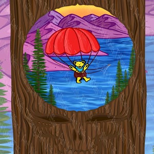 DIGITAL FILE: 8.5x11, 11x14, 16x20 jpg png Grateful Art Themed Poster Prints - Bears Parasail Ocean Lake Boat Mountains Tree
