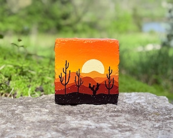 Desert Sunset Cactus Mountains Silhouette Painted Rock Shelf Garden Decor