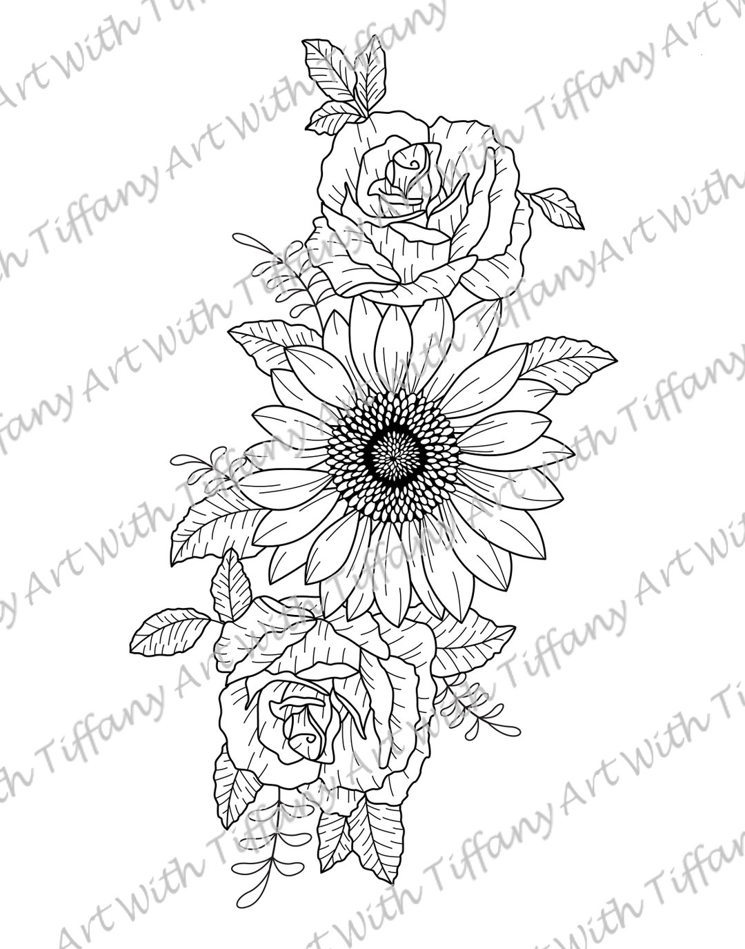 DIGITAL FILE Sunflower and Roses Flower Tattoo Design Etsy