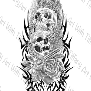 Puede incluir: Diseño de tatuaje en blanco y negro con dos calaveras, una rosa, una pistola y llamas de estilo tribal. Las calaveras están encadenadas y la pistola está envuelta alrededor de la rosa.