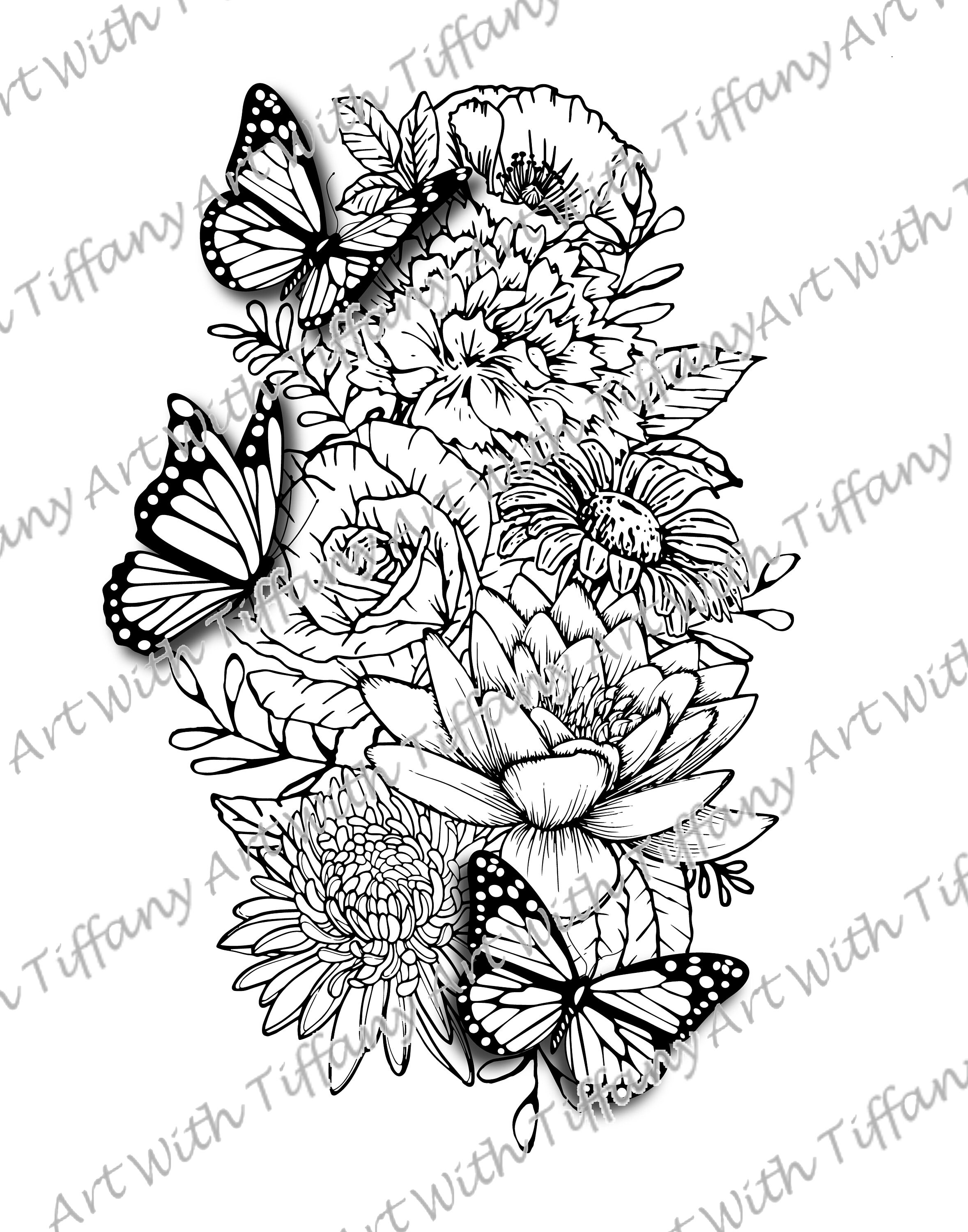 DIGITAL FILE Floral Butterfly Tattoo Design Flowers and Etsy Finland
