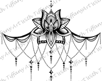 DIGITAL FILE: Lotus Mandala Ornament Underboob Sternum/Chest Tattoo Design; Black and White