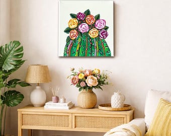 Pintura original sobre lienzo de 10x10 - Cactus y flores (pintura acrílica)