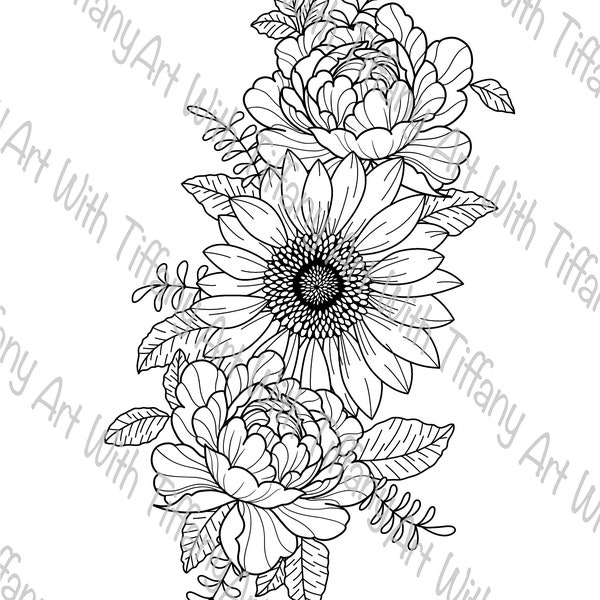 DIGITAL FILE: Sunflower and Peonies Flower Tattoo Design Peony Flowers