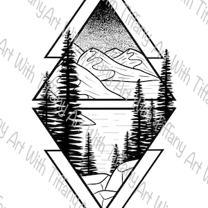 DIGITAL FILE: Geometric Mountains with Lake and Pine Trees Triangle Diamond Tattoo Design