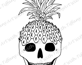 DIGITAL FILE: Black and White Pineapple Skull Drawing Tattoo Design