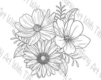ANPASSAD DIGITAL FIL: Violett Aster Cosmo Födelsemånad Blommor Tatueringsdesign Svartvit Kontur Oktober September Februari