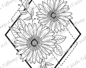 May include: Black and white floral line art featuring two sunflowers within a diamond-shaped frame. The design includes detailed petals, leaves, and stems, with a dashed line element. The artwork is a botanical illustration.