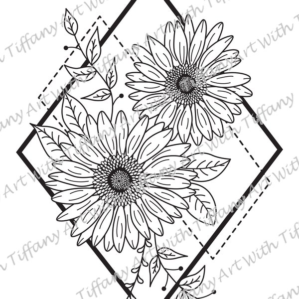 DIGITAL FILE: Geometric Diamond Sunflower Tattoo Design; Sunflower Drawing