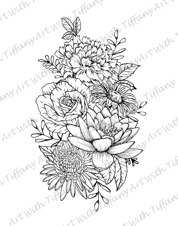 Digital File Black And White Floral Tattoo Design Flower Etsy