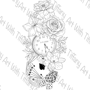 May include: Black and white line art illustration of a pocket watch with flowers, playing cards, dice, and poker chips. The watch face reads 8-9-2006.