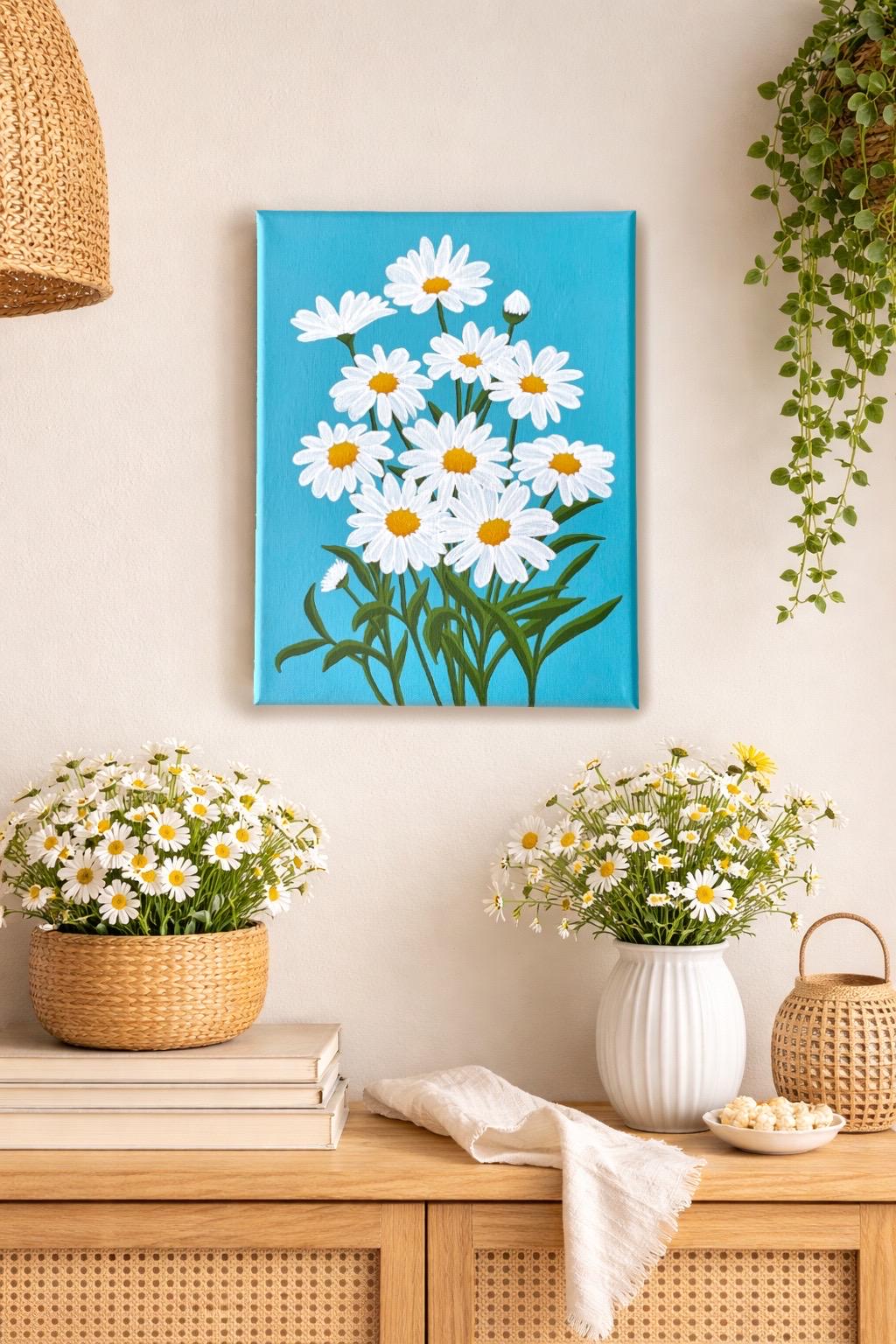 Original 9x12 Canvas Acrylic Painting - White Daisies With Blue