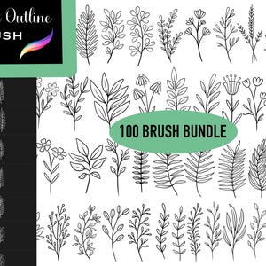 Procreate Plant Outline Stamp Doodle Line Art Brush Set 100 Brush Bundle Instant Download