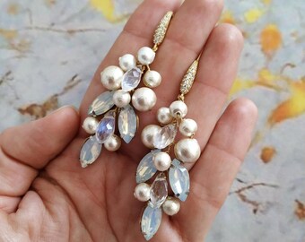 Opal Bridal earrings Cotton Pearl Wedding Earrings Gold Wedding Earrings Swarovski Crystal Chandelier Bridal Earrings Boho Wedding Earrings