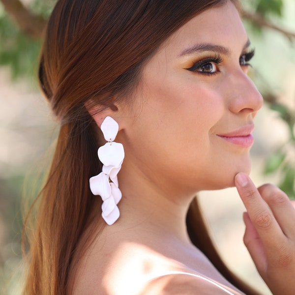 Extra Long Gold White Flower Wedding Earrings, Leaf Boho Bridal Earrings, Chandelier Statement Wedding Earrings, Floral Earrings For Bride