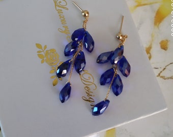 Boho Wedding Earrings, Gold Blue Drop Swarovski Crystal Wedding Earring For Bride, Chandelier Statement Wedding Jewelry Set, Bridesmaid Gift