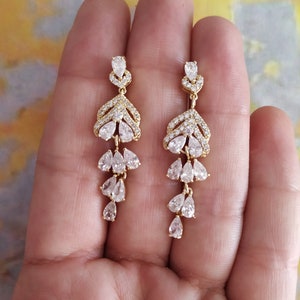 Diamond Gold Wedding Earrings, Vintage Style Bridal Earrings, Teardrop Dangle Stud Zircon Wedding Earrings Art Deco Rose Gold Bridal Jewelry