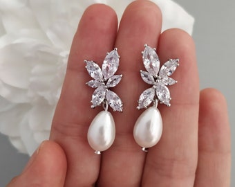 Swarovski Crystal Wedding Earrings, Pearl Bridal Earrings, Rose Gold Wedding Earrings, Vintage Style CZ Wedding Jewelry For Bride Gift