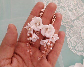 Rose Gold Boho Wedding Earrings, Boho Bridal Earrings, White Clay Flower Wedding Earrings, Floral Bridal Earrings, Long Teardrop Earrings,