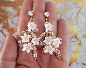 Porcelain Flower Wedding Earrings , Gold Floral Bridal Earrings, Gold Chandelier Statement Earrings For Bride, Bridesmaid Gift, Jewelry