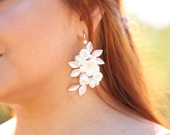 Porcelain Flowers Wedding Earrings, Floral Bridal Earrings, Boho Wedding Earrings