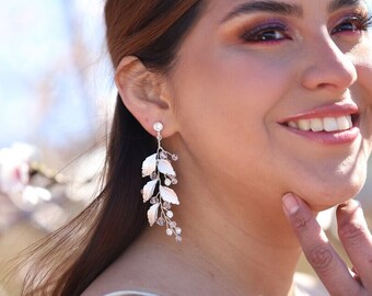 Long Boho Wedding Earrings, Leaf Statement Wedding Earrings, Swarovski Crystal Chandelier Silver Bridal Earrings, Statement Jewelry Set ,