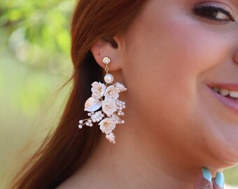 Porcelain Flower Wedding Earrings, Rose Gold Floral Statement Bridal Earrings, Pearl Boho Wedding Earrings, Statement Wedding Jewelry Set,