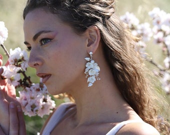 Delicate Porcelain Flower Boho Wedding Earrings, Leaf Silver Boho Bridal Earrings, Pearl Statement Wedding Earrings, Boho Wedding Jewelry