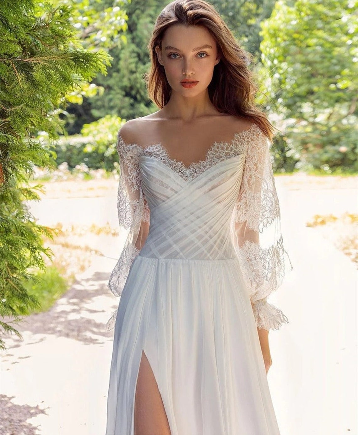 Long Sleeve Wedding Gown Slit Bridal Dress Boho Wedding | Etsy