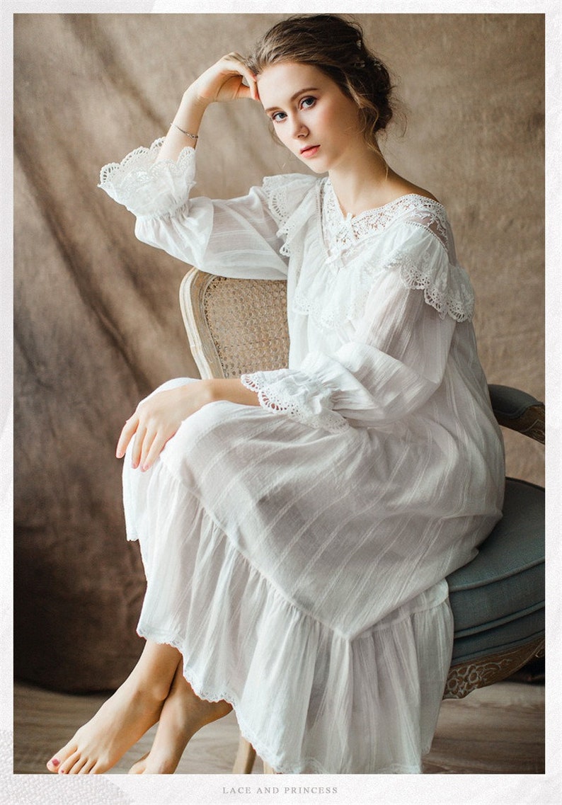 Women Vintage Sleepwear Vintage Style Chemise Wedding Gift fir Bride Bridesmaid Gift Lingerie Victorian Style Cotton White V Neck Nightgown
