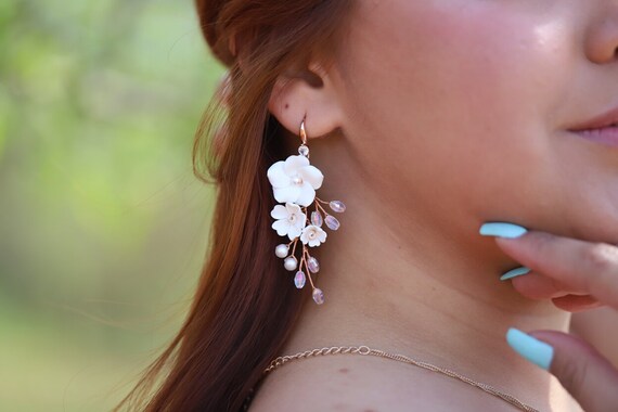 Rose Gold Polymer Clay Flowers Long Boho Wedding Earrings