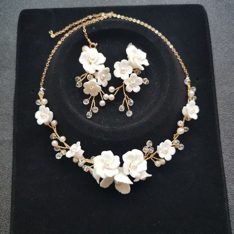 Porcelain Flowers Wedding Jewelry Set Boho Gold Bridal - Etsy