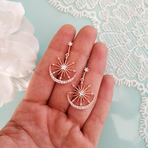 Rose Gold Moon and Star Hoop Wedding Earrings, Celestial  Boho Bridal Earrings, Bridesmaid Gift, Dangle Earrings Bohemian Jewelry, Jewellery