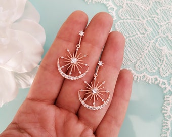 Rose Gold Moon and Star Hoop Wedding Earrings, Celestial  Boho Bridal Earrings, Bridesmaid Gift, Dangle Earrings Bohemian Jewelry, Jewellery