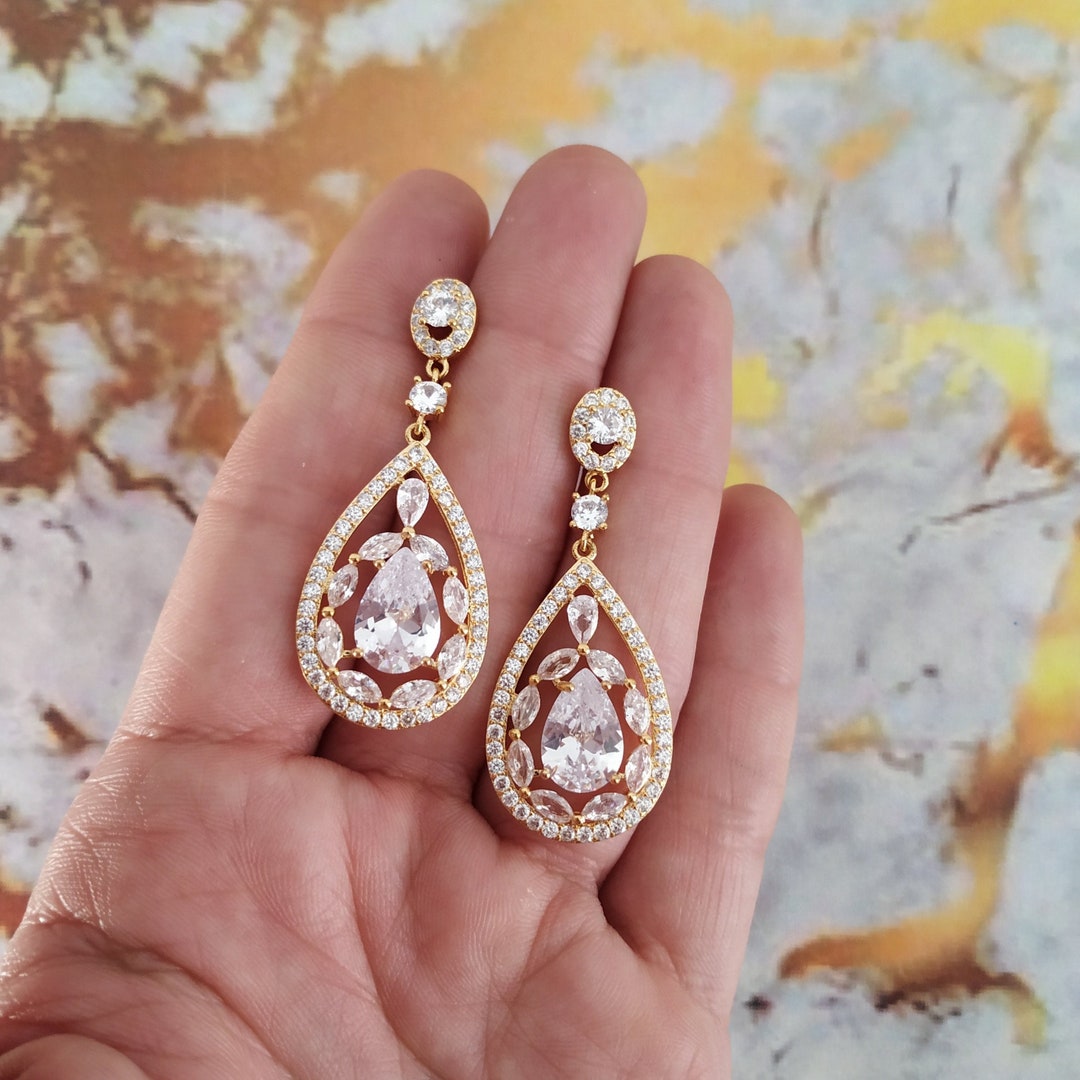 Diamond Wedding Earrings Gold Wedding Jewelry Cubic Zirconia Wedding