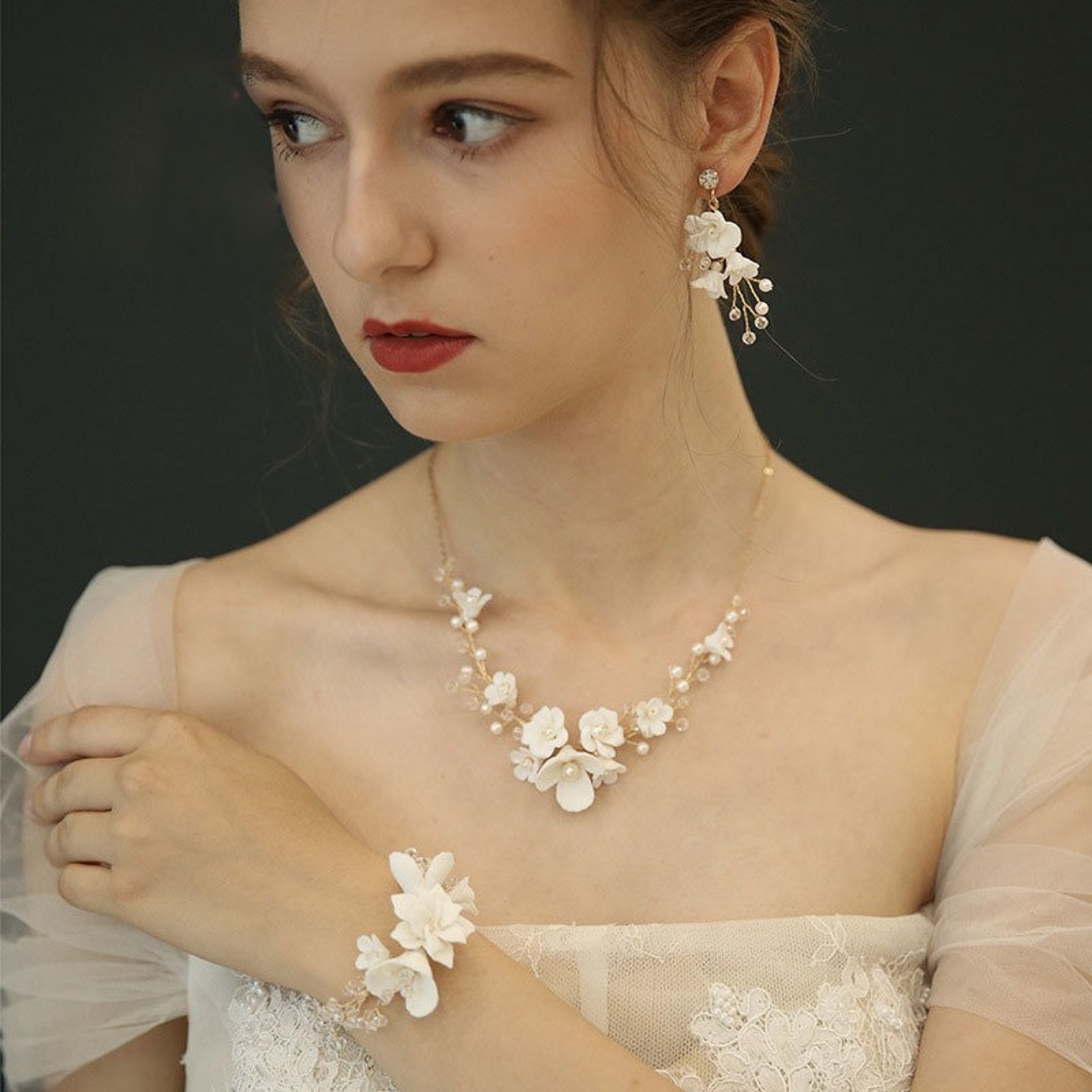 Porcelain Flowers Wedding Jewelry Set Boho Gold Bridal Etsy