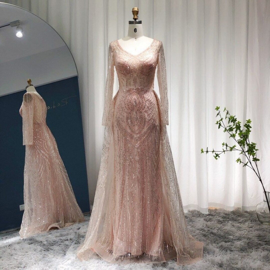 Long Sleeve Vintage Style Blush Gatsby Beading Elegant Mermaid Evening