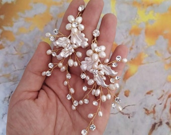 Freshwater Pearl Wedding Earrings Boho Wedding Earrings Gold Floral Wedding Earrings Long Bridesmaid Earrings Chandelier Statement Earrings