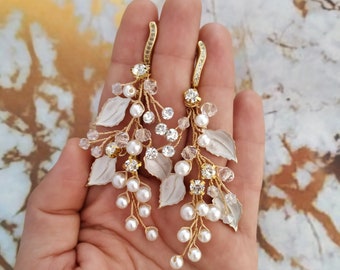 Boho Leaf Bridal Earrings, Pearl Wedding Earrings Rose Gold Bridal Earrings Long Chandelier Statement Earrings Crystal Jewelry Jewellery Set