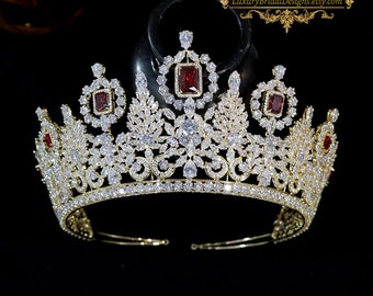 Retro Style Swarovski Crystal Royal Wedding Crown, Gold Wine Red Big Queen Bridal Tiara, Wedding Hair Accessories, Swarovski Crystal Tiaras