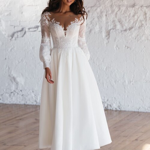 Simple Wedding Dress Tea Length Wedding Dress Long Sleeve - Etsy