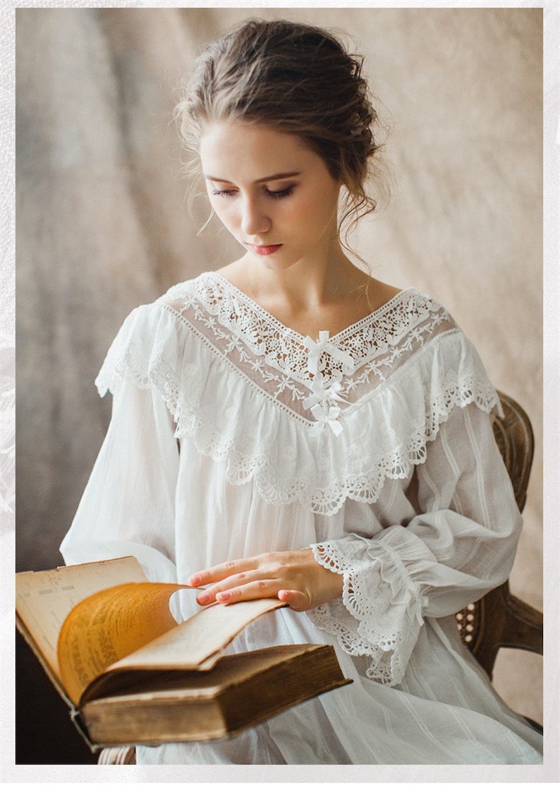 Women Vintage Sleepwear Vintage Style Chemise Wedding Gift fir Bride Bridesmaid Gift Lingerie Victorian Style Cotton White V Neck Nightgown