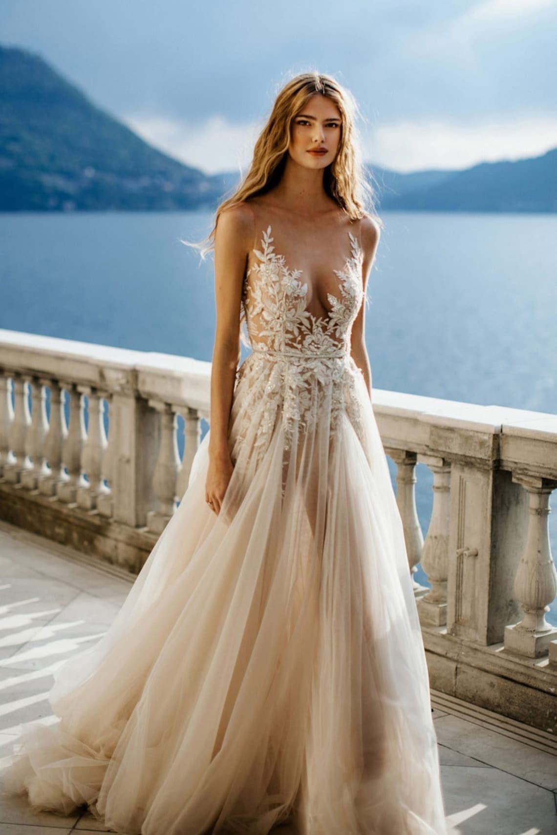 Off the Shoulder Champagne Wedding Dress with Plunging image 1