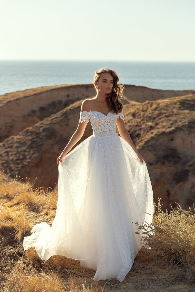 nico Vestido De Novia Boho Con Cuentas Sin Hombros Vestido